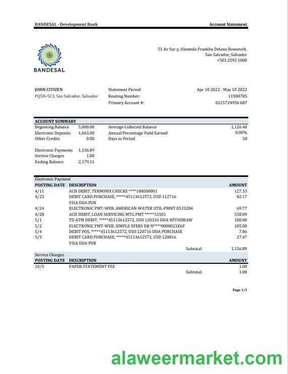 Salvador Bandesal bank statement, Excel and PDF template